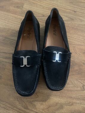 Perlina Woman's Black Suede Slip-On Loafers with Silver Buckle